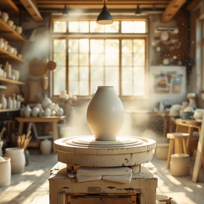 FLUX1.1 [pro] Ultra generated image of Cinematic wide shot of a master ceramicist's sun-drenched atelier. In the cen...