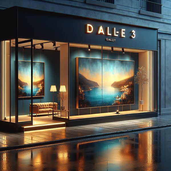 A cinematic, wide-angle shot of a high-end, contemporary art gallery at dusk. The focal point is ...