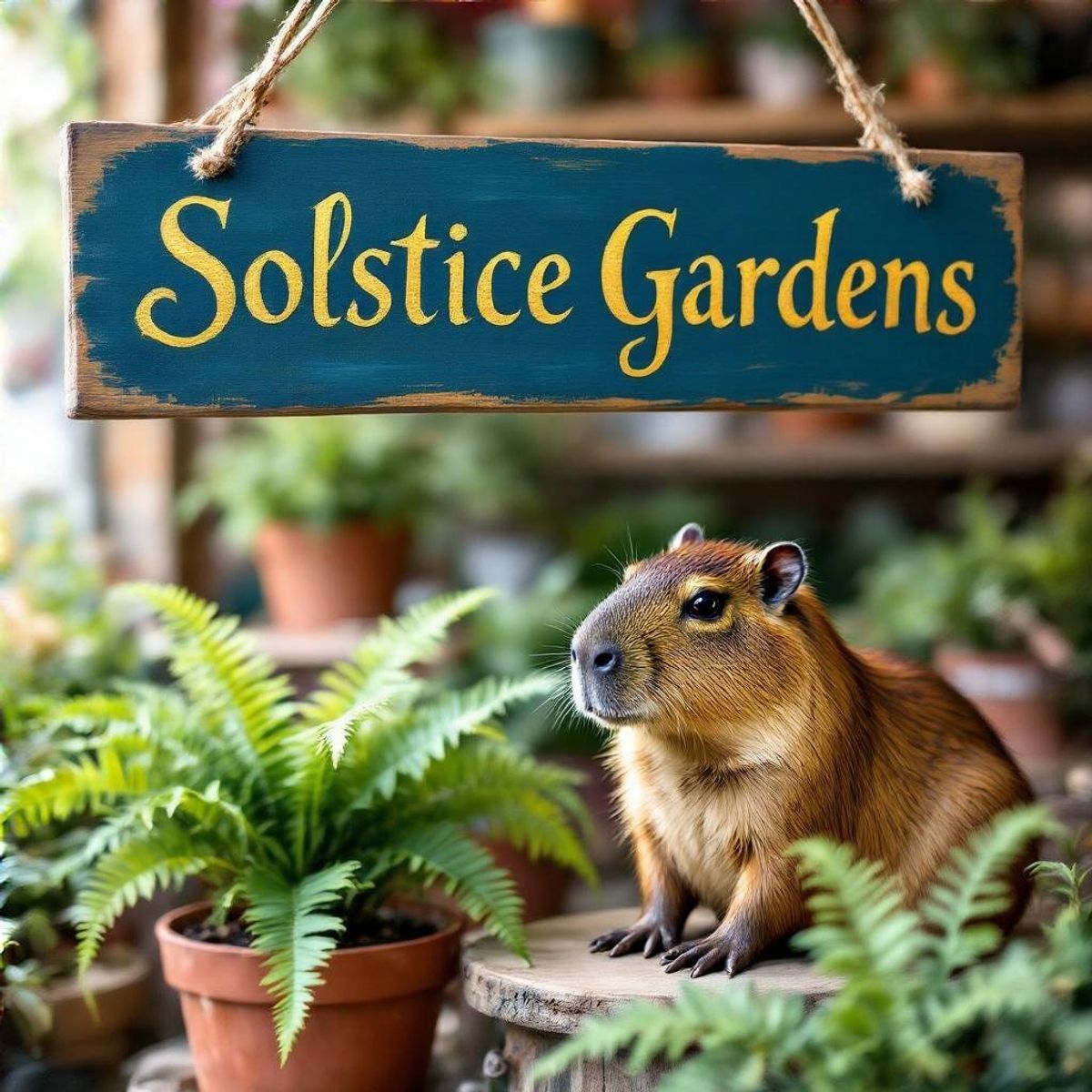 HiDream I1 Full generated image of A vibrant, hand-painted wooden sign for "SOLSTICE GARDENS" hanging over a rus...