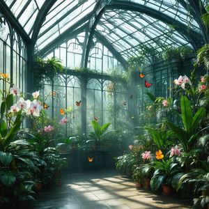 Hyper-photorealistic interior of a lush Victorian glass g...