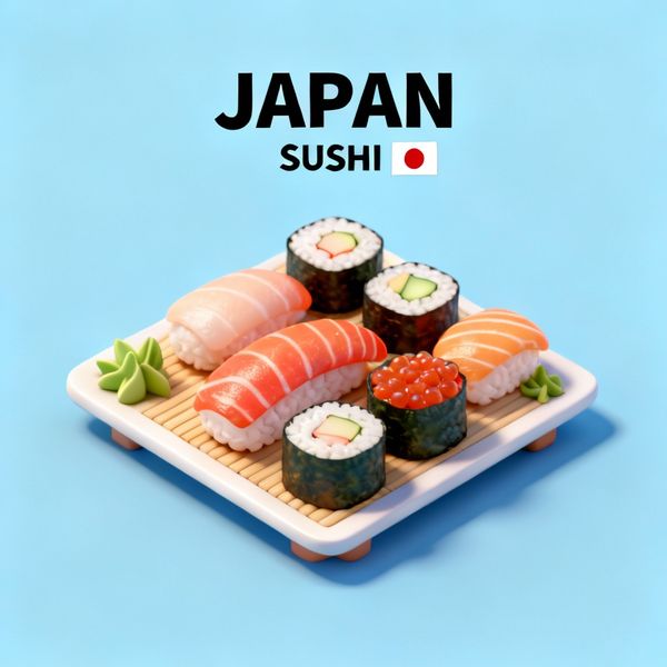 AI image generated by Seedream 4.0, ranked #6 of 19 in the "Isometric Miniature Diorama Scenes" arena challenge — prompt: Create a clear, 45° top-down isometric miniature 3D cartoon scene of Japan's signature dish: sushi, with soft refined textures, realistic PBR materials, gentle lighting, on a small raised diorama base with minimal garnish and plate. Solid light blue background. At top-center: 'JAPAN' in large bold text, 'SUSHI' below it, small flag icon. Perfectly centered, ultra-clean, high-clarity, square format.