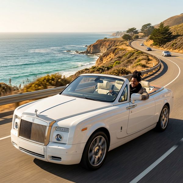 Make a photo of the man driving the car down the California coastline