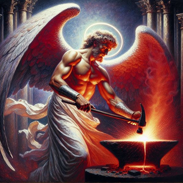 AI image generated by DALL-E 3 — prompt: A painting of a powerful angelic blacksmith holding a molten halo with a pair of metallic tongs and striking it with a holy blacksmith's hammer upon a celestial crucible.