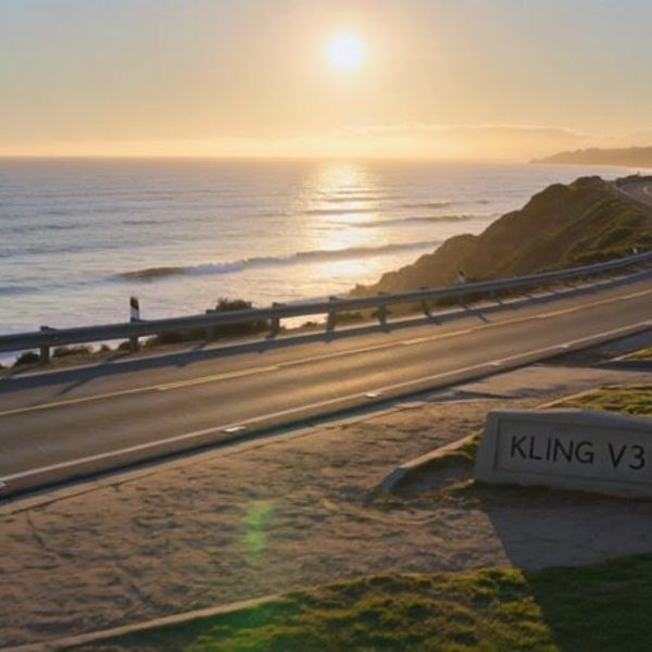 Cinematic drone shot of a sleek, futuristic electric car gliding smoothly along a winding coastal...