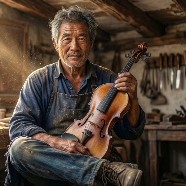 AI image generated by Qwen Image Max — prompt: A hyper-realistic close-up portrait of a weathered artisan woodworker in a sun-drenched Mediterranean workshop. Fine sawdust particles float in the golden shafts of light. Every wrinkle on the craftsman's face and the intricate wood grain of the hand-carved violin in his calloused hands are visible in sharp detail. Soft bokeh background of hanging antique tools and weathered wooden beams, cinematic lighting, 8k resolution, shot on 35mm lens.