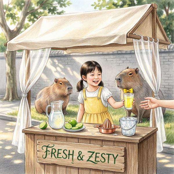 AI image generated by Qwen Image 2.0 — prompt: A cozy street-side lemonade stand with a hand-painted wooden sign that says "FRESH & ZESTY" in elegant cursive. A young girl serves a glass, while a capybara calmly sits in the soft grass behind the stand, wearing a tiny yellow bowtie.