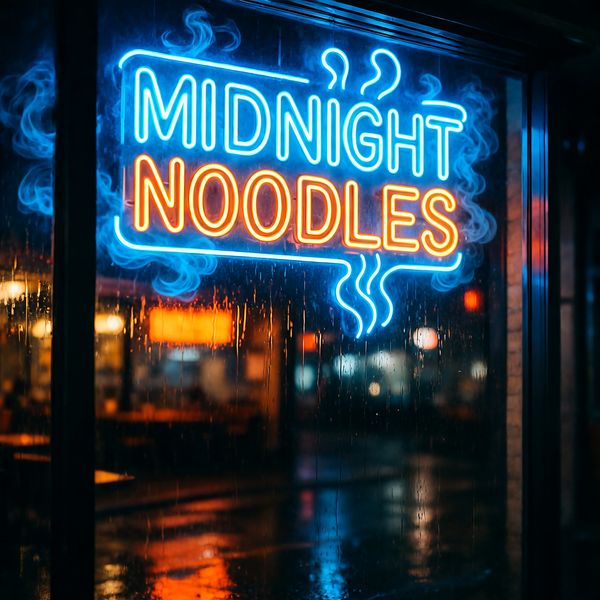 AI image generated by Wan 2.6 — prompt: A hyper-realistic close-up of a neon-lit ramen shop window with a glowing sign that reads "MIDNIGHT NOODLES" in crisp, stylized typography. In the blurry background, a capybara sits calmly on a stool, wearing a tiny chef's hat.
