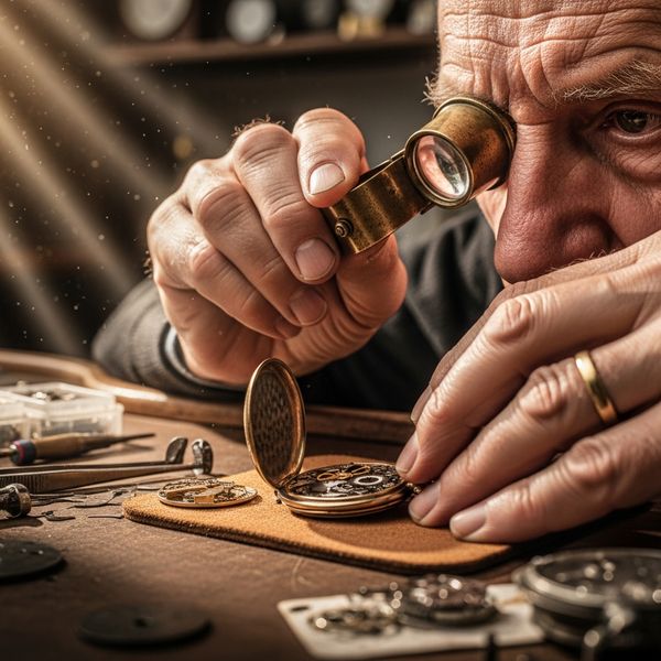 A hyper-realistic close-up portrait of an elderly watchmaker in a sun-drenched workshop, intricat...