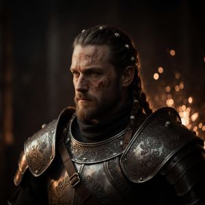 Close portrait of a battle-worn paladin in ornate engrave...