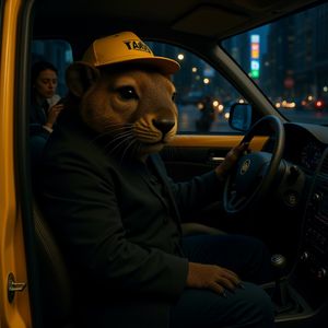 Photorealistic scene inside a yellow New York taxi at nig...