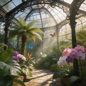 Hyper-photorealistic interior of a lush Victorian glass g...