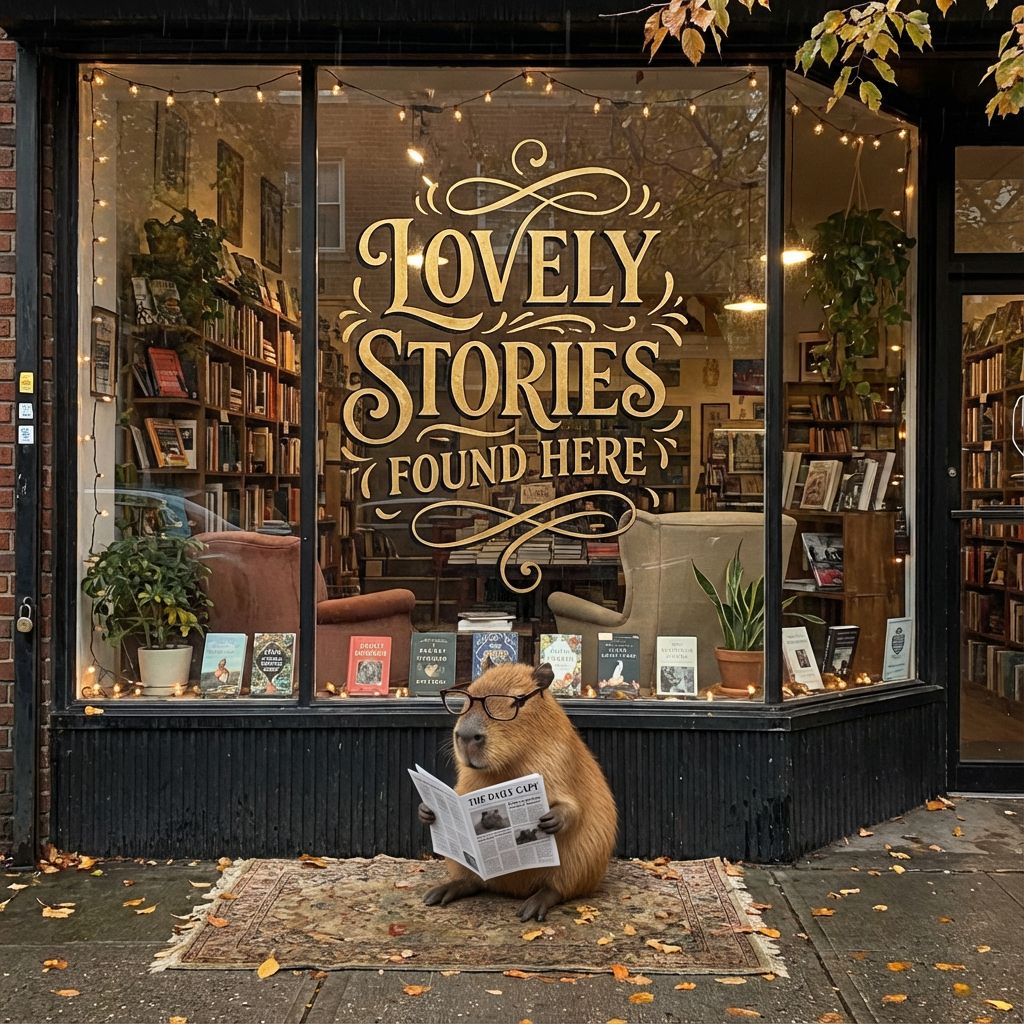Nano Banana Pro generated image of A cozy indie bookstore storefront with a large glass window displaying a hand...