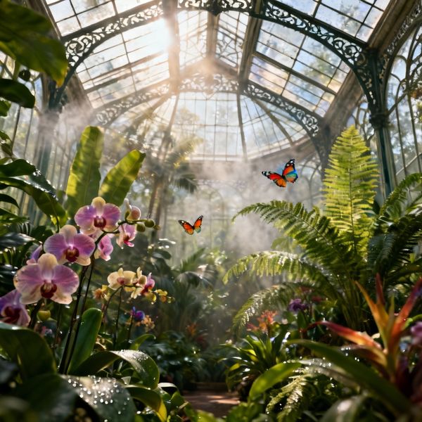 AI image generated by Seedream 4.0, ranked #4 of 17 in the "Victorian Greenhouse Oasis" arena challenge — prompt: Hyper-photorealistic interior of a lush Victorian glass greenhouse filled with exotic tropical plants, vibrant blooming orchids, tall ferns, colorful butterflies in flight, sunlight filtering through ornate glass roof creating realistic caustics and dew on leaves, intricate iron framework visible, misty atmosphere, 8K masterpiece.