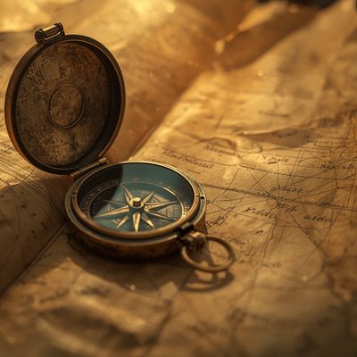 Lucid Origin generated image of A macro photography shot of an antique copper compass resting on a weathered ...