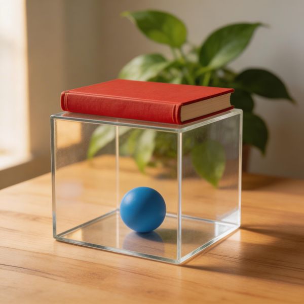 AI image generated by Seedream 5.0 Lite, ranked #20 of 22 in the "Geometric Composition" arena challenge — prompt: A glass cube on a wooden table. Inside the cube is a small blue sphere. On top of the cube sits a red book. A green plant is behind the cube, partially visible through the glass. Soft window light from the left.