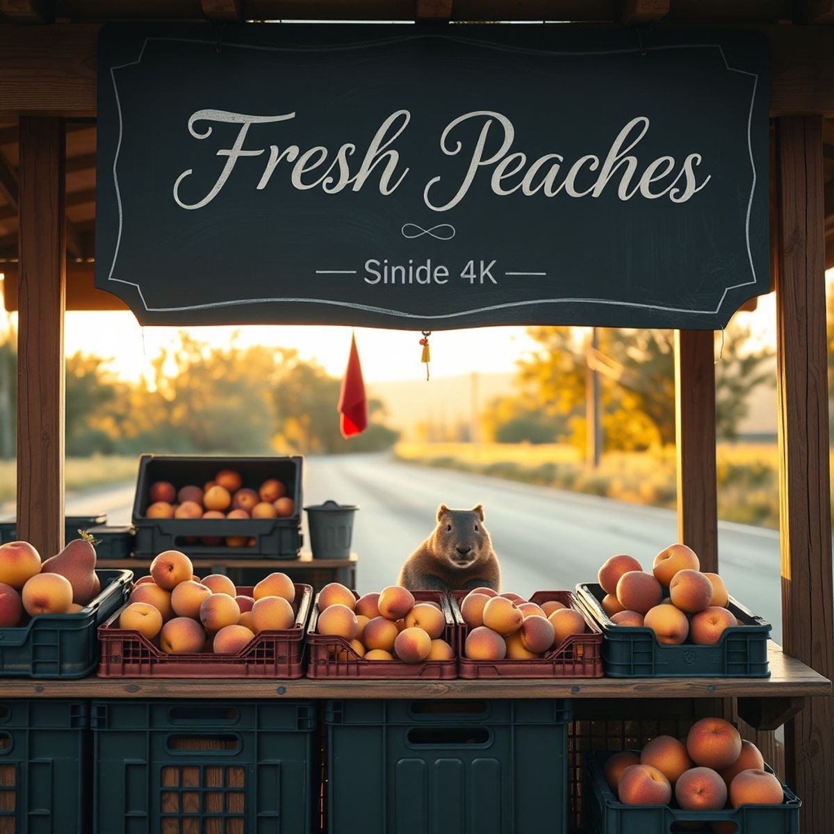FLUX.1 [schnell] generated image of A cozy roadside fruit stand with a chalkboard sign that reads "FRESH PEACHES"...