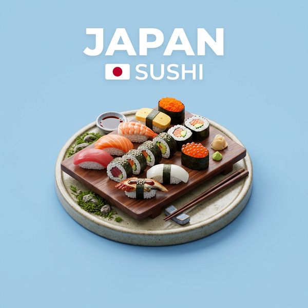 Create a clear, 45° top-down isometric miniature 3D cartoon scene of Japan's signature dish: sush...