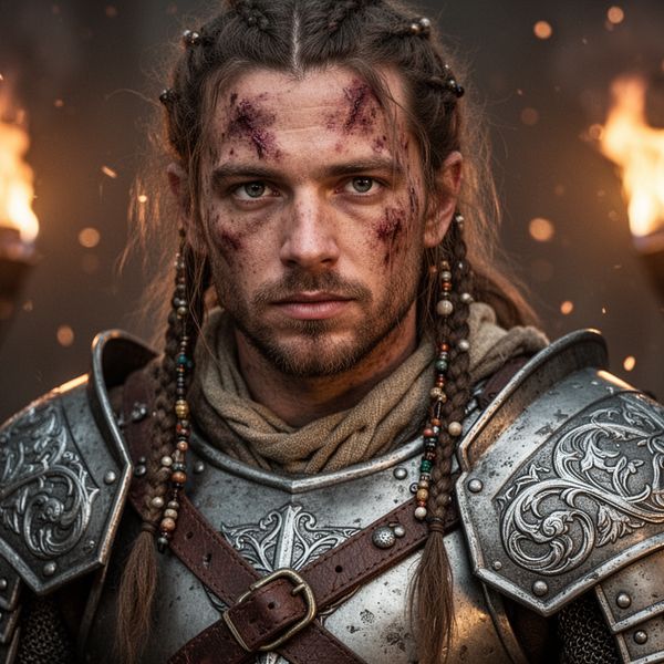 Close portrait of a battle-worn paladin in ornate engraved plate armor, hair braided with small b...
