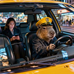 Photorealistic scene inside a yellow New York taxi at nig...