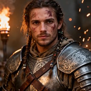 Close portrait of a battle-worn paladin in ornate engrave...