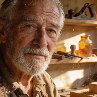 Seedream 4.5 generated image of A hyper-realistic close-up portrait of an elderly artisan woodworker in a sun...