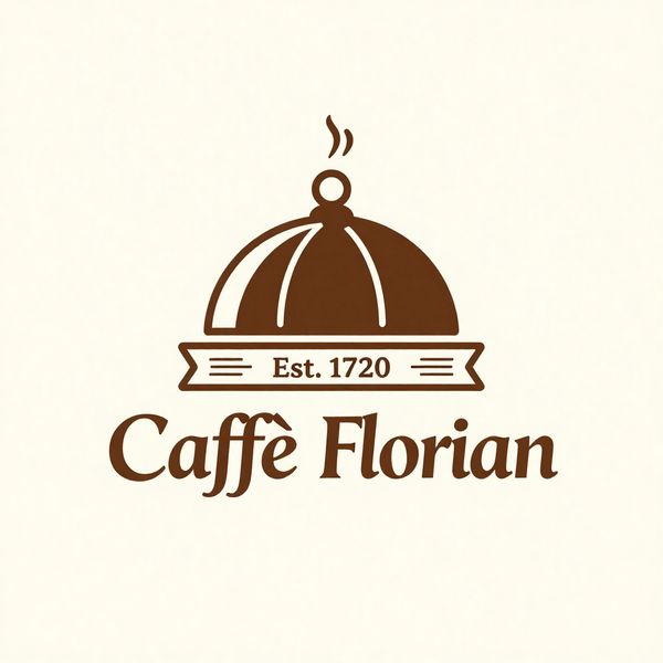 AI image generated by Z-Image Turbo, ranked #18 of 21 in the "Vintage Cafe Logo" arena challenge — prompt: Vintage minimalist restaurant logo for "Caffè Florian", retro cloche dome with steam and "Est. 1720" banner, classic typography, warm brown and cream tones, subtle texture on light background, vector emblem style.