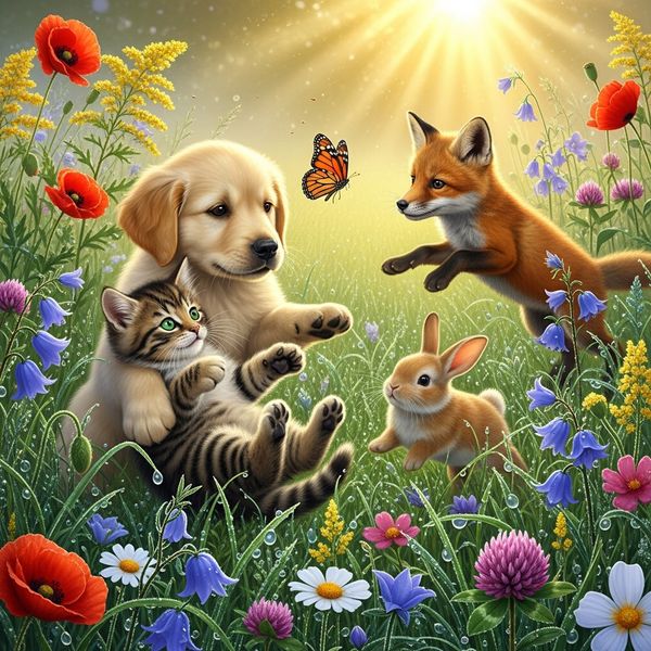 Hyper-photorealistic scene of fluffy baby animals—a golden retriever puppy, tabby kitten, baby bu...