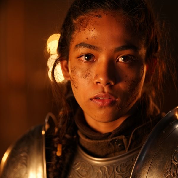 Close portrait of a battle-worn paladin in ornate engraved plate armor, hair braided with small b...