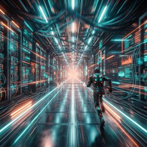 Cinematic 16:9 shot of a vast sci-fi data corridor, glowi...