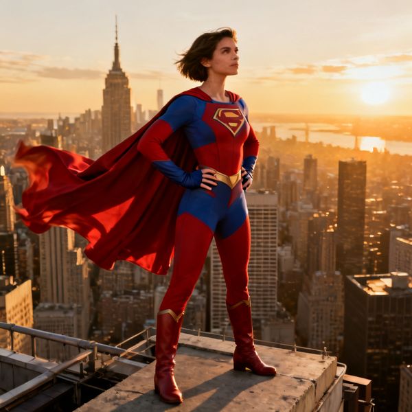 AI image generated by Seedream 4.0, ranked #17 of 21 in the "Heroic Super Hero Portrait" arena challenge — prompt: Hyper-photorealistic full-body portrait of a female superhero standing triumphantly on a New York skyscraper rooftop at golden sunset, wearing a classic modest superhero costume with flowing cape, chest emblem, gloves, and boots in red and blue colors, practical design, short hair, strong determined heroic expression looking into the distance, powerful confident stance with hands on hips and cape billowing dramatically in the wind, detailed urban cityscape background, warm natural sunlight with sharp shadows and fabric highlights, ultra-sharp textures on suit, hair, and concrete, 8K masterpiece, empowering family-friendly style.