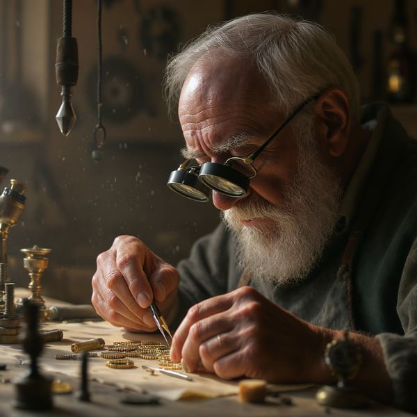AI image generated by FLUX.1 Kontext [pro] — prompt: A hyper-realistic close-up portrait of an elderly artisan watchmaker at work in a sun-drenched, dusty atelier. He is peering through a magnifying loupe held in his eye, meticulously adjusting the intricate gold gears of a vintage pocket watch movement with silver tweezers. Soft-focus background reveals wooden workbenches cluttered with brass tools, tiny screws, and rolls of parchment. The lighting is cinematic, highlighting the deep character lines on his face and the floating dust motes in the warm atmospheric rays of light. Professional 85mm photography, shallow depth of field, 8k resolution, exquisite metallic textures.
