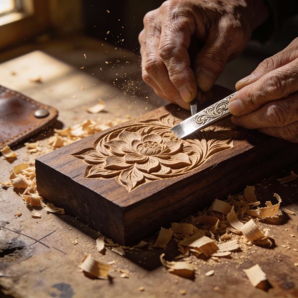 AI image generated by Seedream 4.5 — prompt: A hyper-realistic close-up of an elderly artisan’s weathered hands meticulously carving a delicate floral pattern into a block of dark walnut wood. Fine wood shavings and sawdust are scattered across a rustic workbench, illuminated by warm, directional light from a nearby window. Tiny dust motes dance in the light beams, creating a shallow depth of field that keeps the focus on the texture of the grain and the precision of the silver carving tool. 4:3 aspect ratio, cinematic lighting, 8k resolution.