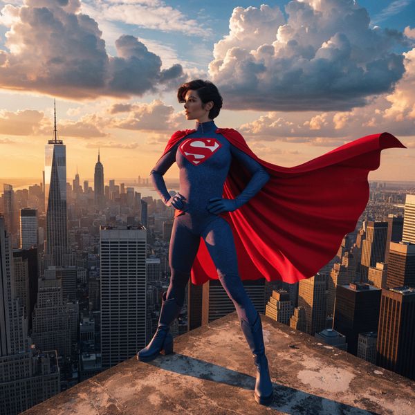 AI image generated by Recraft V4, ranked #16 of 21 in the "Heroic Super Hero Portrait" arena challenge — prompt: Hyper-photorealistic full-body portrait of a female superhero standing triumphantly on a New York skyscraper rooftop at golden sunset, wearing a classic modest superhero costume with flowing cape, chest emblem, gloves, and boots in red and blue colors, practical design, short hair, strong determined heroic expression looking into the distance, powerful confident stance with hands on hips and cape billowing dramatically in the wind, detailed urban cityscape background, warm natural sunlight with sharp shadows and fabric highlights, ultra-sharp textures on suit, hair, and concrete, 8K masterpiece, empowering family-friendly style.