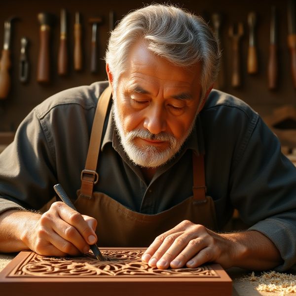 A hyper-realistic close-up portrait of an elderly artisan woodworker in a sun-drenched workshop. ...