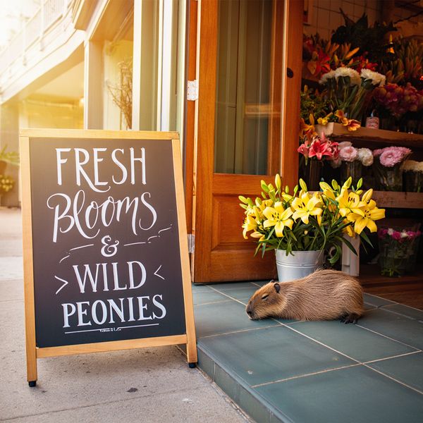 A sun-drenched coastal flower shop with a large chalkboard sign out front that says "FRESH BLOOMS...