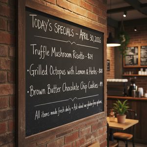 Handwritten-style chalkboard menu in a cozy café, all tex...
