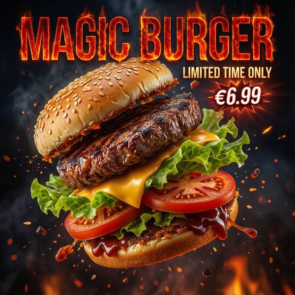AI image generated by Qwen Image Max, ranked #12 of 19 in the "Magic Burger Explosion: Fiery Photorealism Challenge" arena challenge — prompt: Ad for 'Magic Burger'. Dynamic, exploded burger with all components (bun, patty, cheese, lettuce, tomato, sauce) suspended in mid-air. Emphasize photorealistic detail and a sense of motion. Dark, fiery background with glowing embers. Integrate text: 'MAGIC BURGER' as a prominent title, 'LIMITED TIME ONLY' as a secondary message, and '€6.99' in a starburst, all rendered with a fiery, glowing effect.