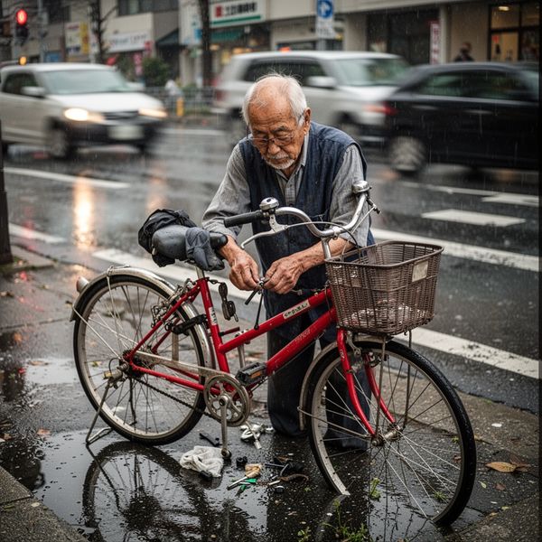 A candid street photo of an elderly Japanese man repairing a red bicycle in light rain, reflectio...