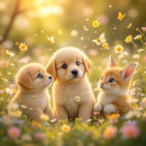 Hyper-photorealistic scene of fluffy baby animals—a golde...