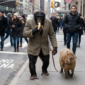 Create an image of an ape, eating a banana, walking troug...