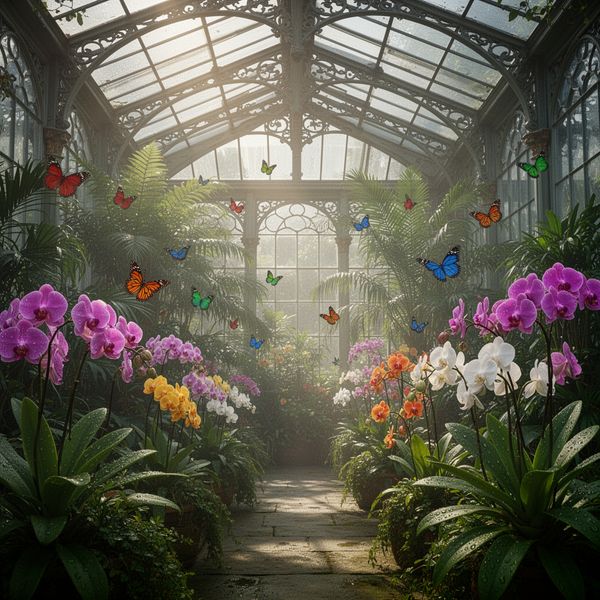 Hyper-photorealistic interior of a lush Victorian glass greenhouse filled with exotic tropical pl...