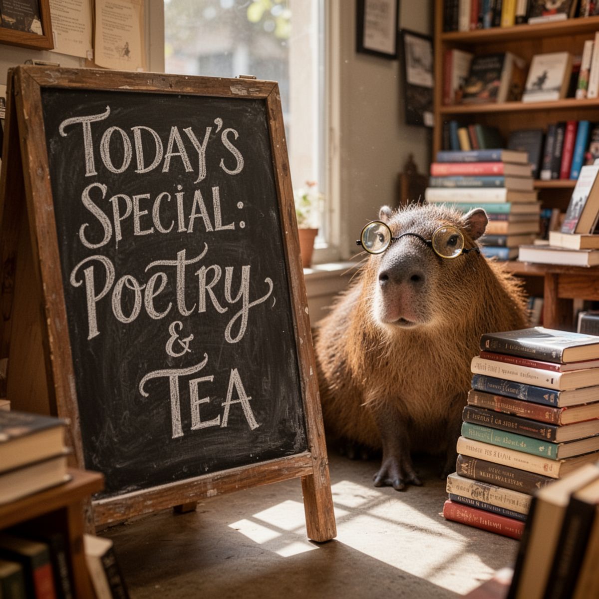 FLUX.2 [dev] Turbo generated image of A cozy corner of a sunlit independent bookstore with a large chalkboard sign ...