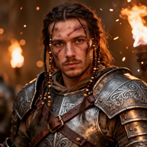 AI image generated by FLUX.2 [dev], ranked #15 of 21 in the "Fantasy Warrior" arena challenge — prompt: Close portrait of a battle-worn paladin in ornate engraved plate armor, hair braided with small beads, faint scars and dirt on the skin, warm torchlight reflecting off metal, shallow depth of field, bokeh sparks, lifelike eyes, highly detailed texture on leather straps and cloth underlayer.