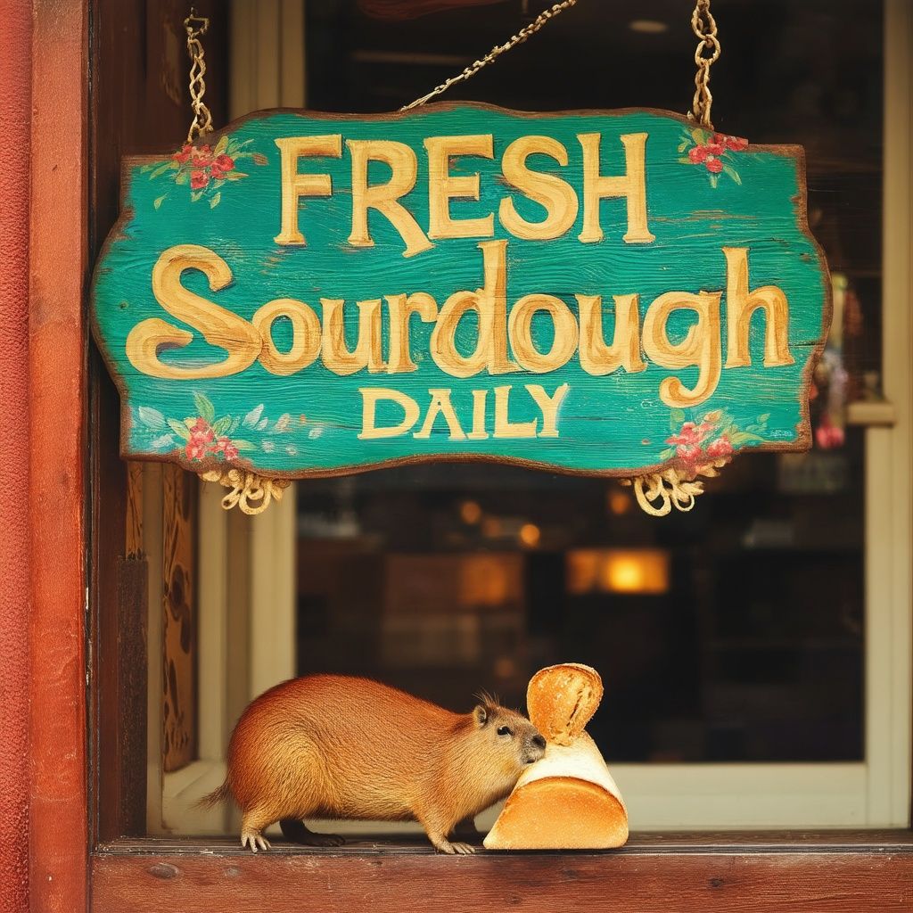 Stable Diffusion 3.5 Medium generated image of A vibrant, hand-painted wooden sign hanging above a cozy bakery that says "FR...