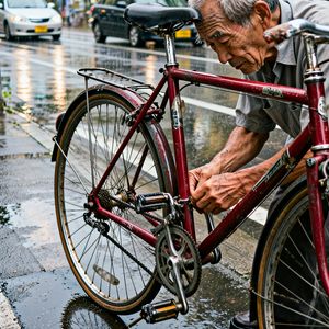 A candid street photo of an elderly Japanese man repairin...