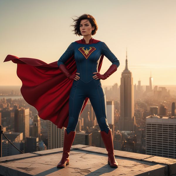 Hyper-photorealistic full-body portrait of a female superhero standing triumphantly on a New York...