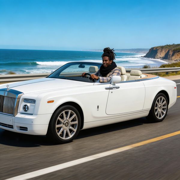 AI image generated by Seedream 5.0 Lite, ranked #11 of 13 in the "Man and Car in California" arena challenge — prompt: Make a photo of the man driving the car down the California coastline