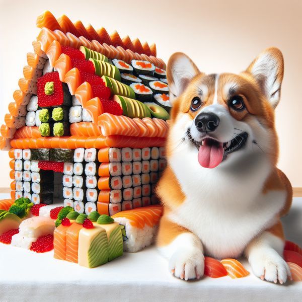 AI image generated by DALL-E 3 — prompt: A cute corgi lives in a house made out of sushi.