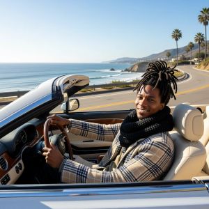 Make a photo of the man driving the car down the Californ...