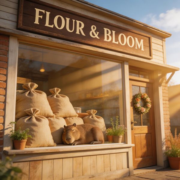 A sun-drenched, rustic bakery storefront with a large wooden sign that reads "FLOUR & BLOOM" in e...
